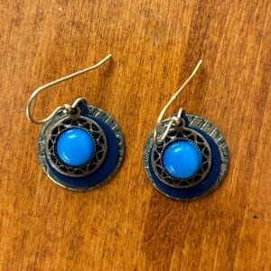 Blue and brass dangly earrings